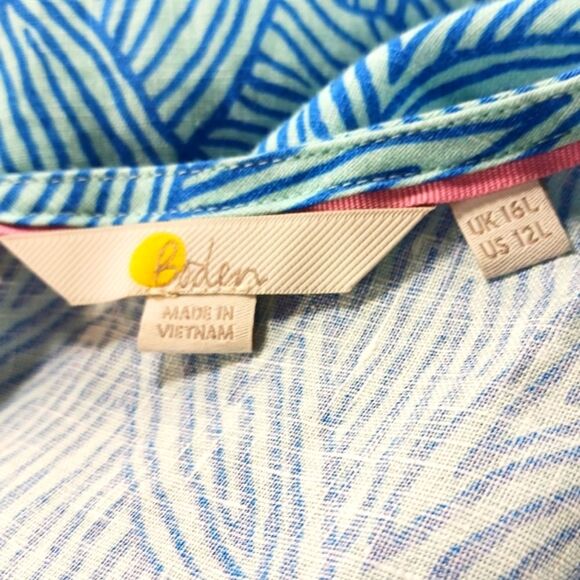 Boden Lara Linen Bold Blue Tropical Leaf Midi Dress Womans 12 Coastal Beach Wear - Picture 2 of 12